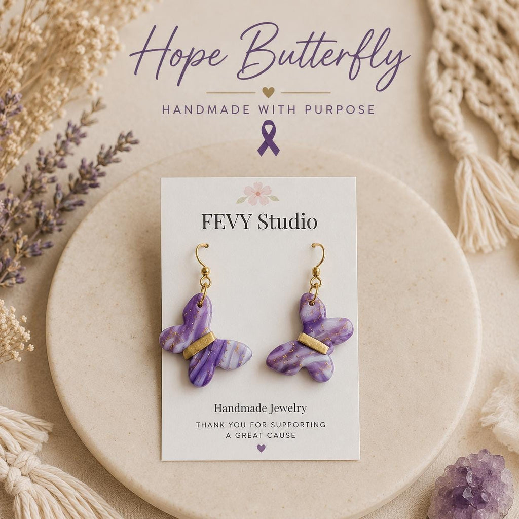Marbled Purple Butterfly Earrings | Handmade Polymer Clay, Stainless Steel Hooks, Cancer Cause Donation