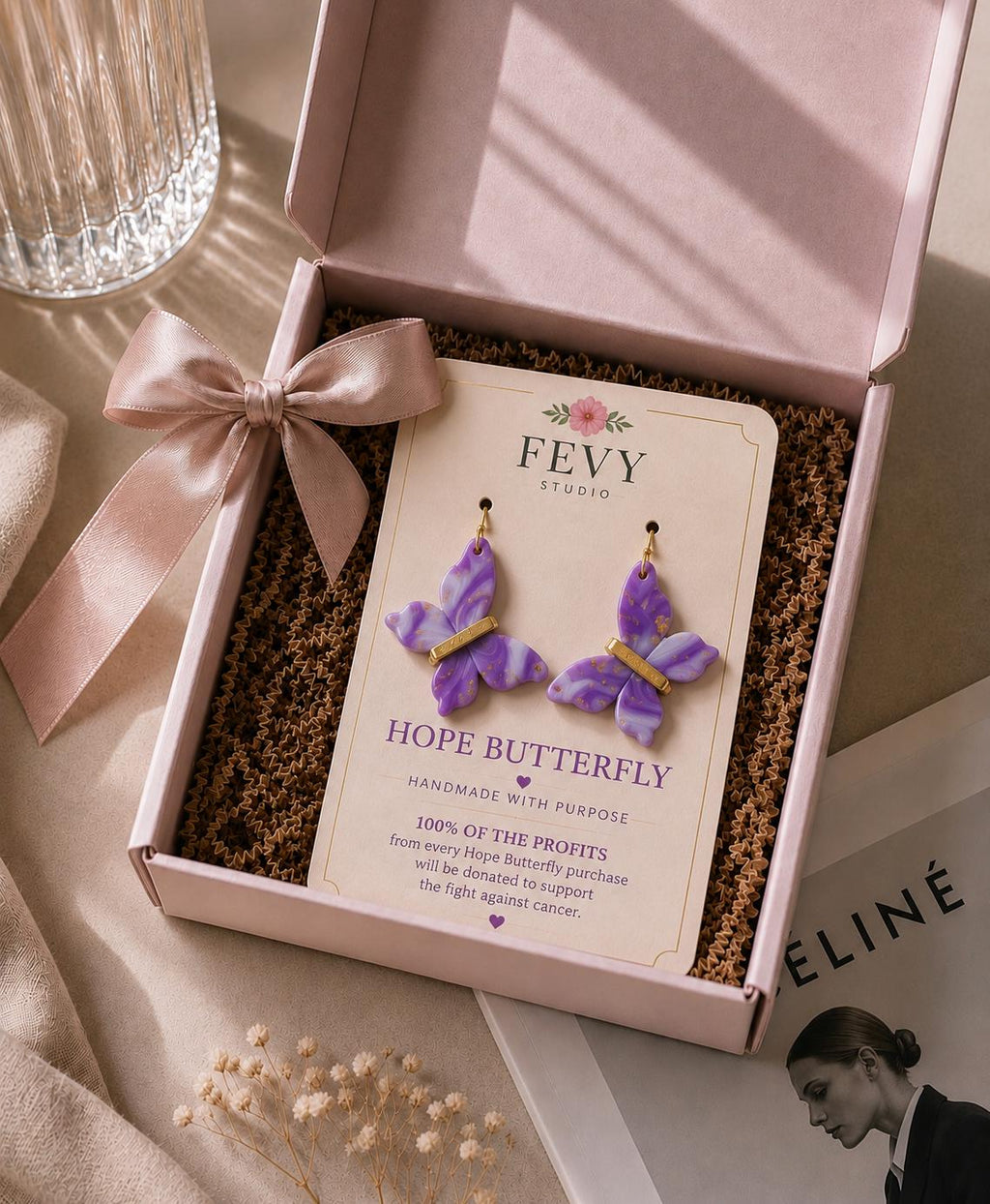 Marbled Purple Butterfly Earrings | Handmade Polymer Clay, Stainless Steel Hooks, Cancer Cause Donation