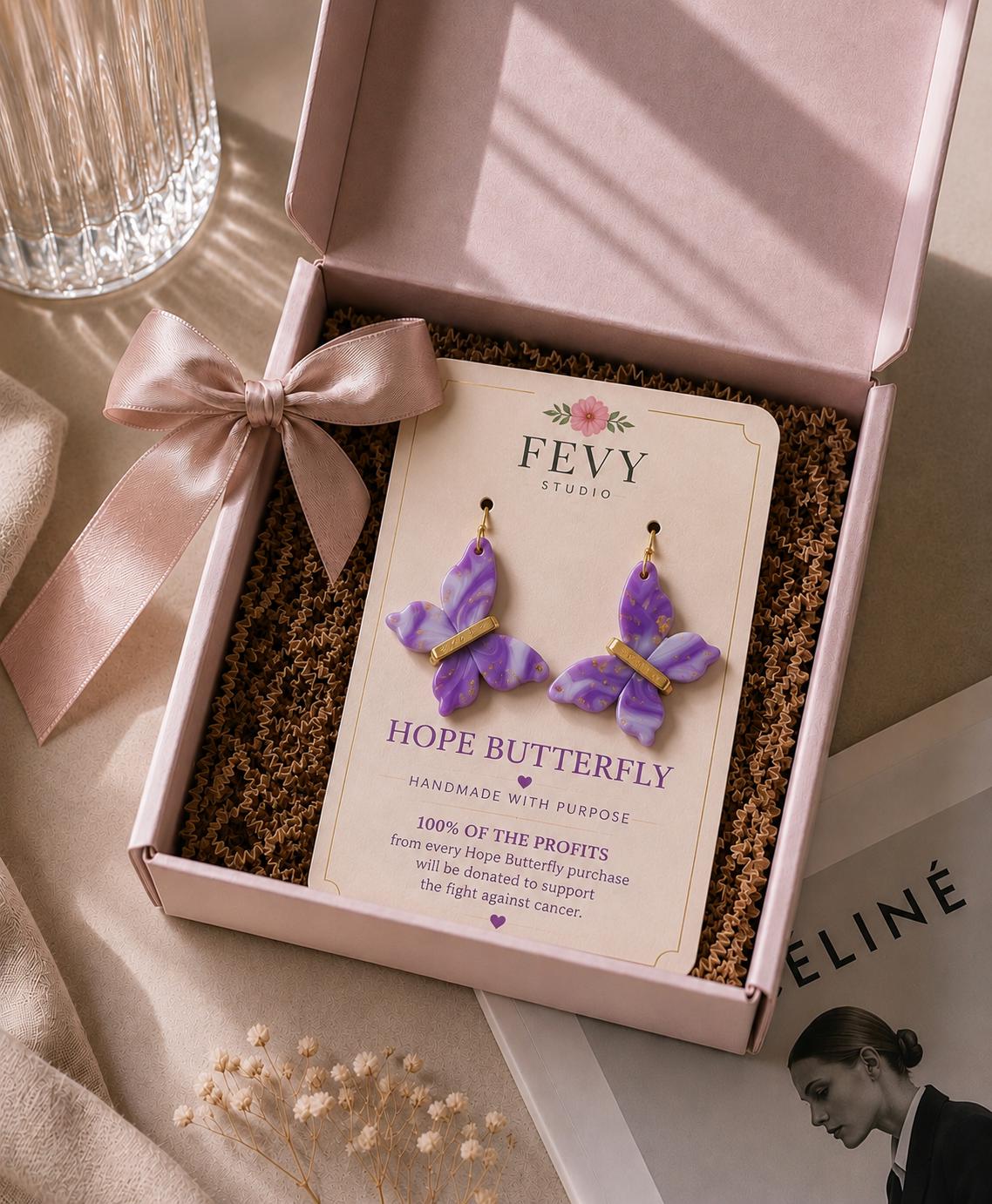 Marbled Purple Butterfly Earrings | Handmade Polymer Clay, Stainless Steel Hooks, Cancer Cause Donation
