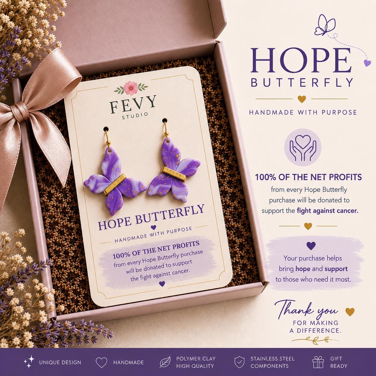 Marbled Purple Butterfly Earrings | Handmade Polymer Clay, Stainless Steel Hooks, Cancer Cause Donation