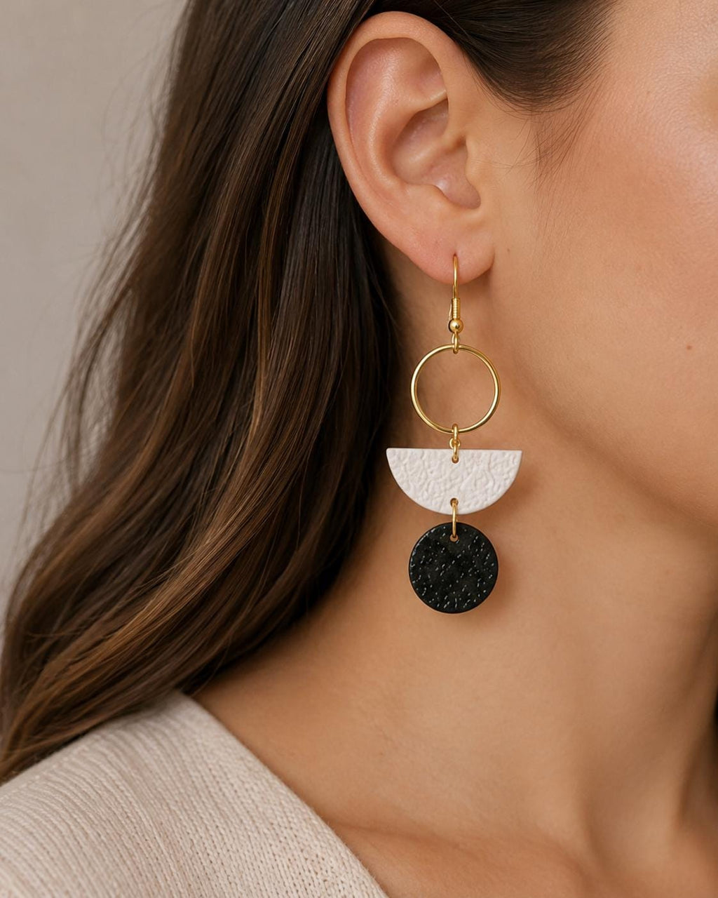 Black White Geometric Polymer Clay Earrings | Modern Minimalist Statement Dangles
