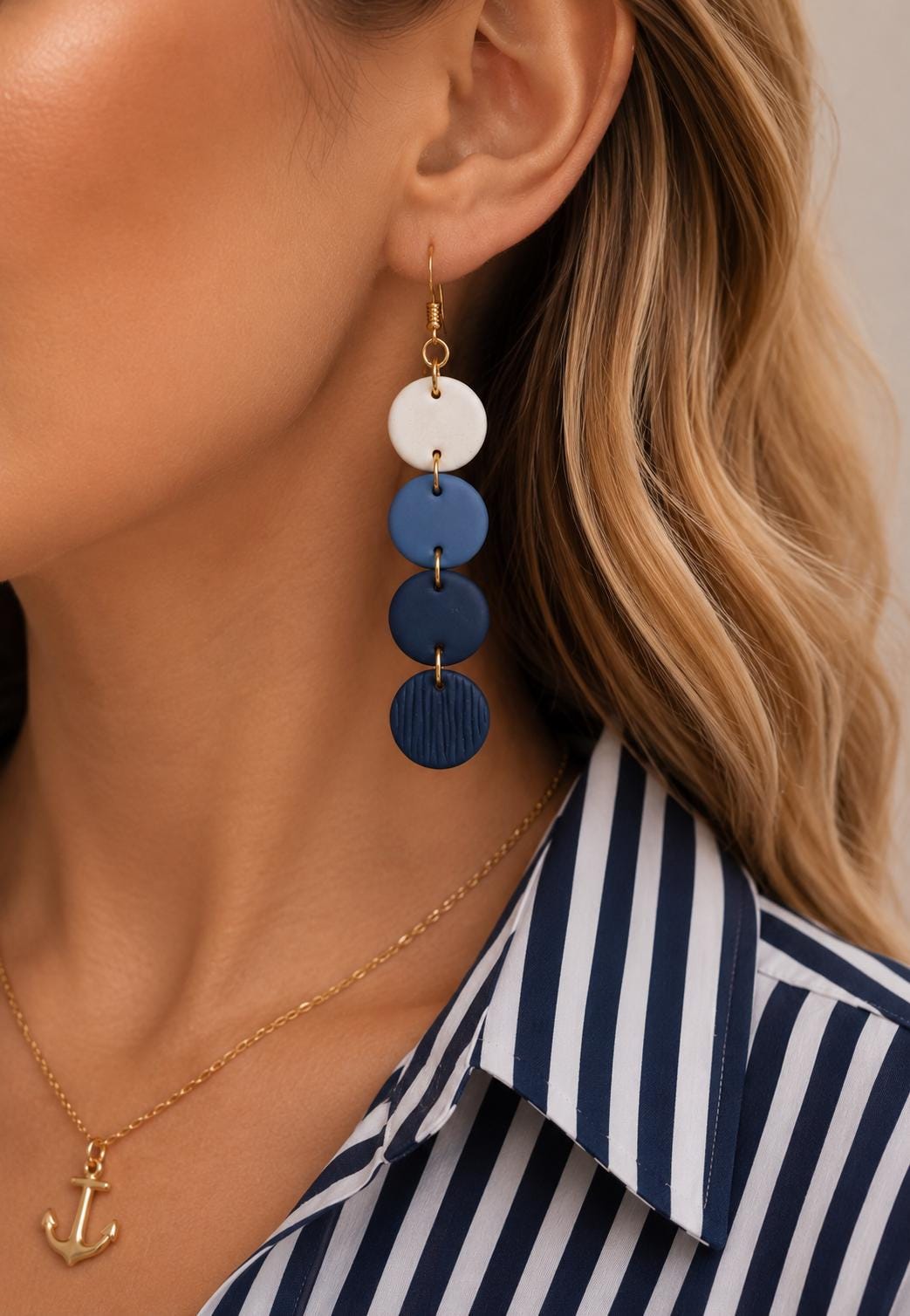 Navy Blue Disc Earrings | Lightweight Dangle, Gold Stainless Steel Hooks