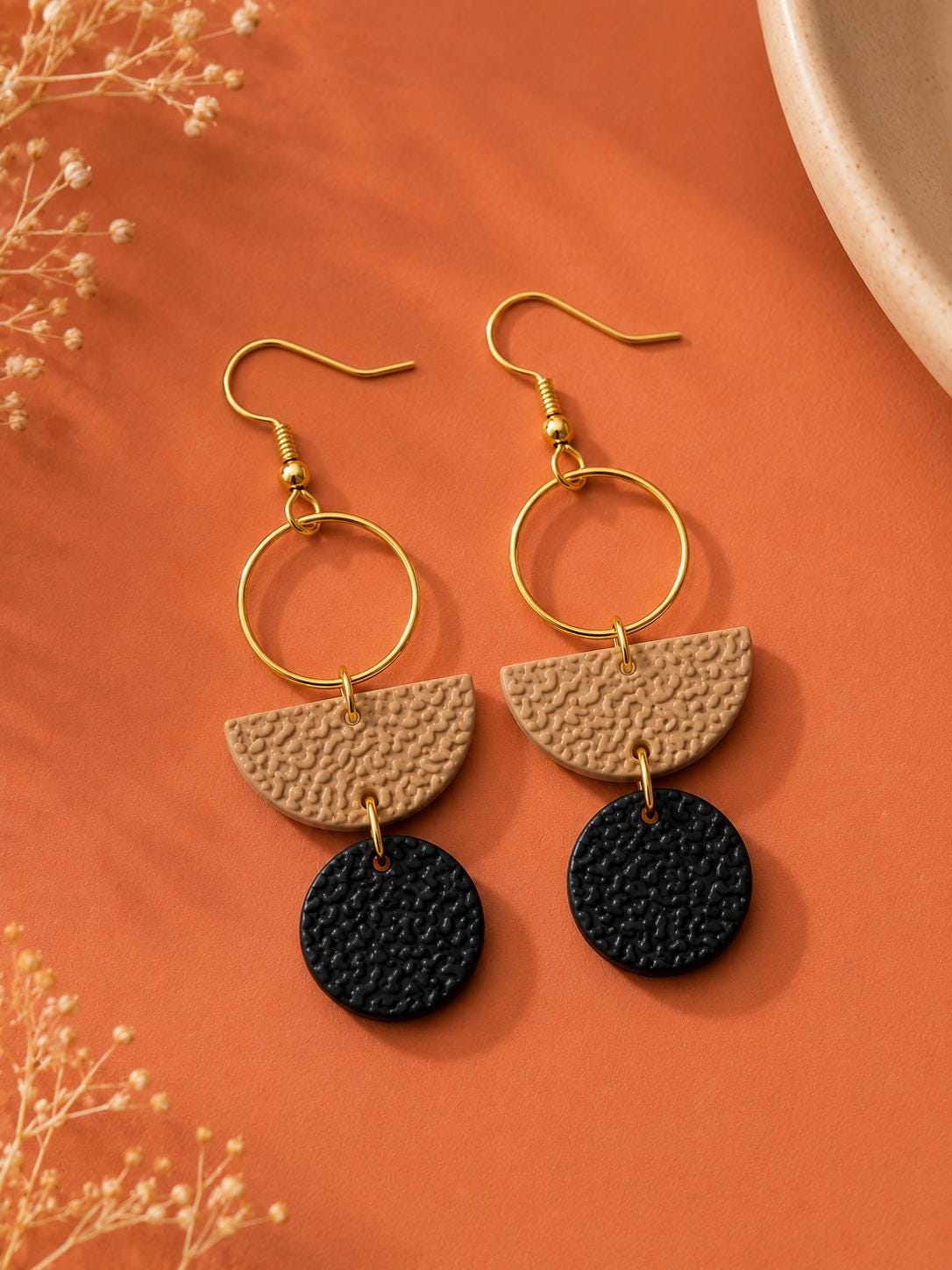 Black Beige Geometric Polymer Clay Earrings | Textured Dangle Statement Jewelry | Gold Stainless Steel Hooks
