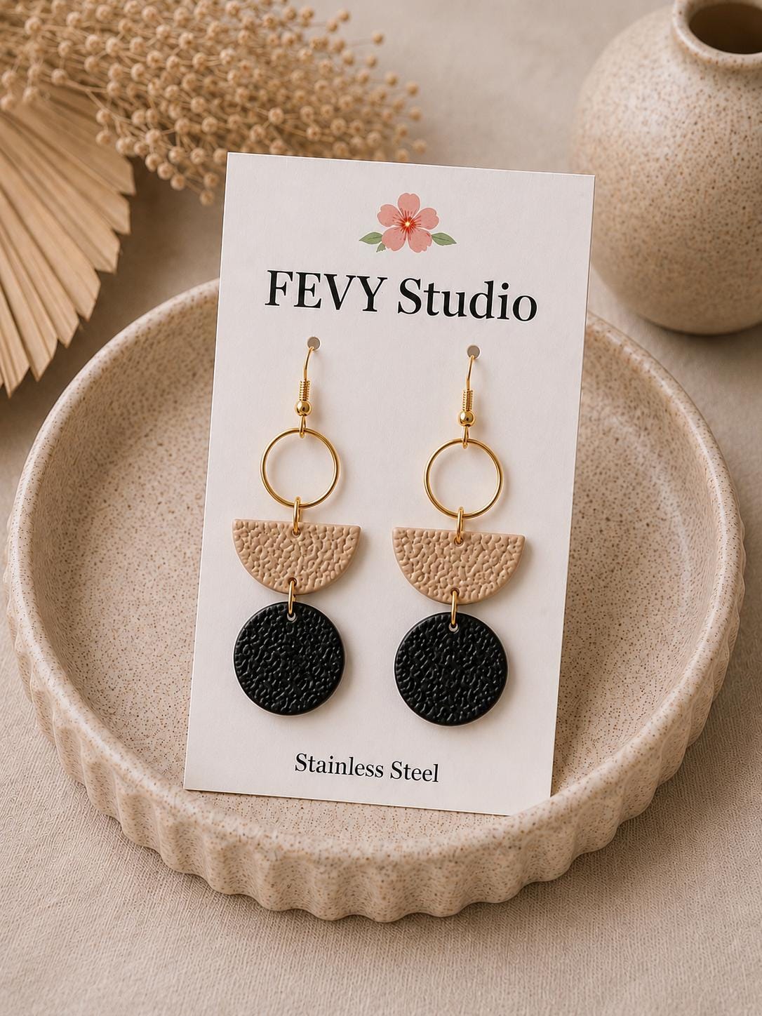 Black Beige Geometric Polymer Clay Earrings | Textured Dangle Statement Jewelry | Gold Stainless Steel Hooks
