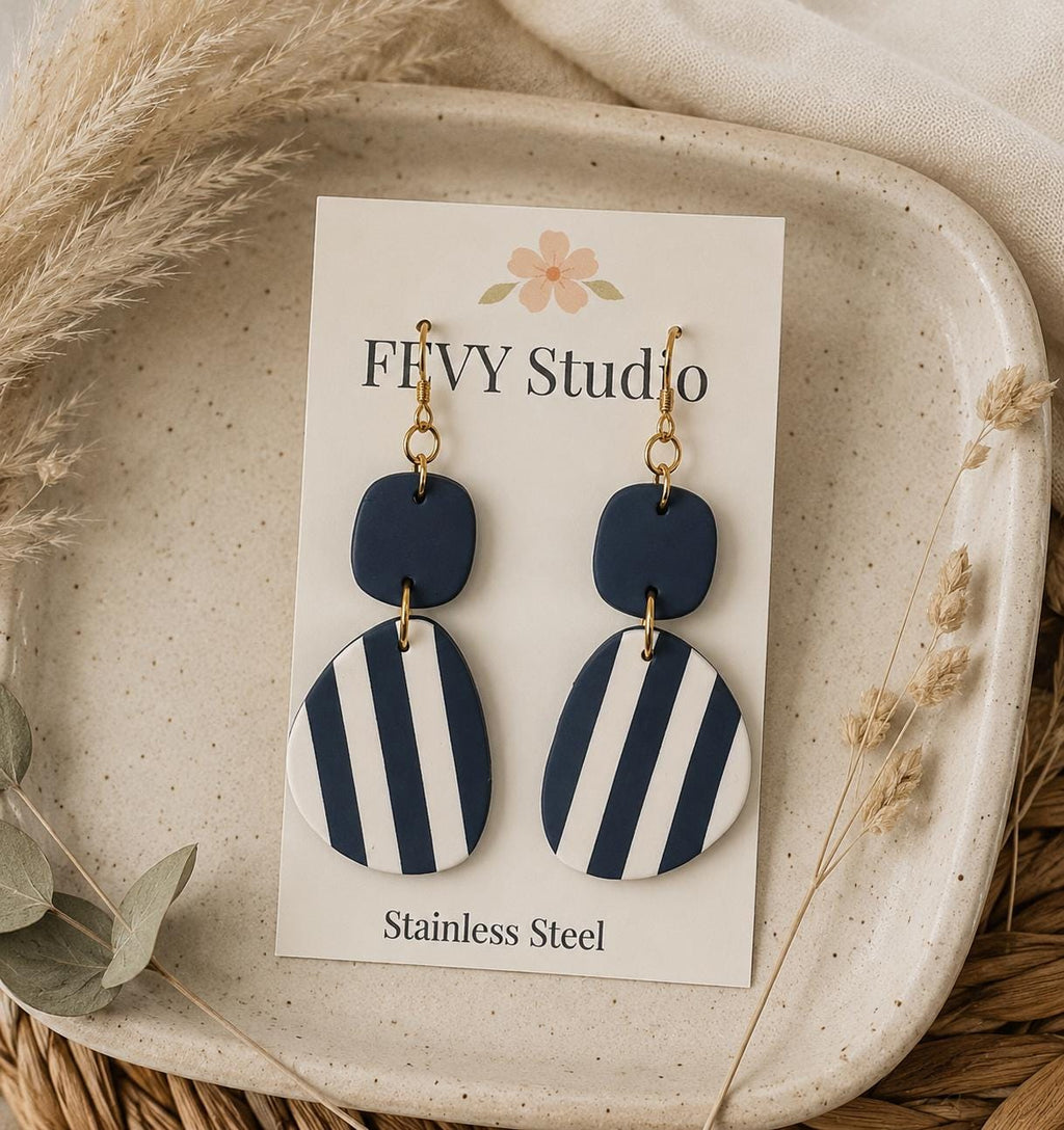 Navy White Striped Polymer Clay Earrings | 18K Gold Plated Dangle Earrings