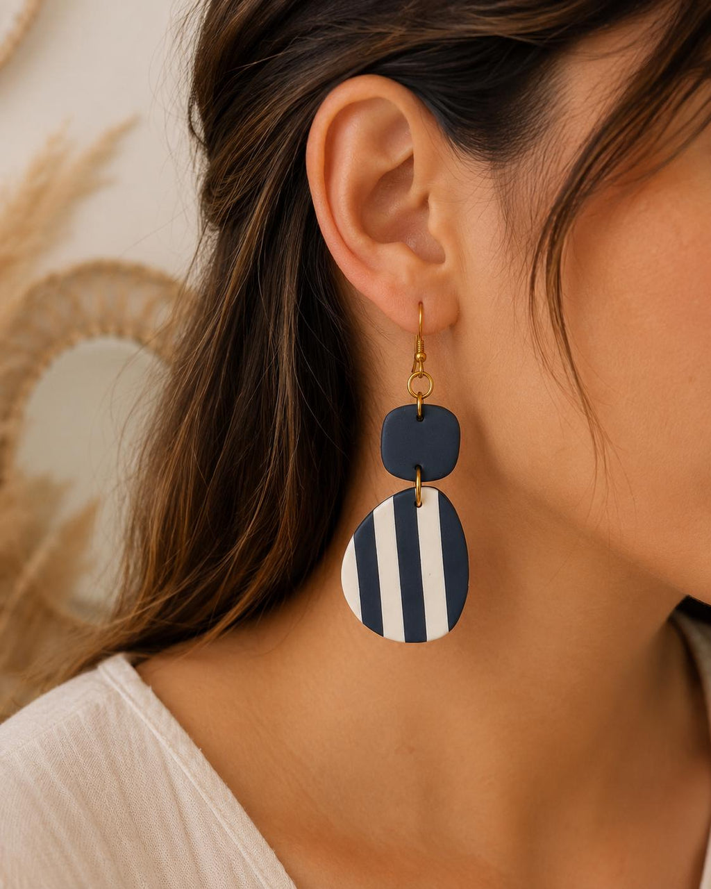 Navy White Striped Polymer Clay Earrings | 18K Gold Plated Dangle Earrings