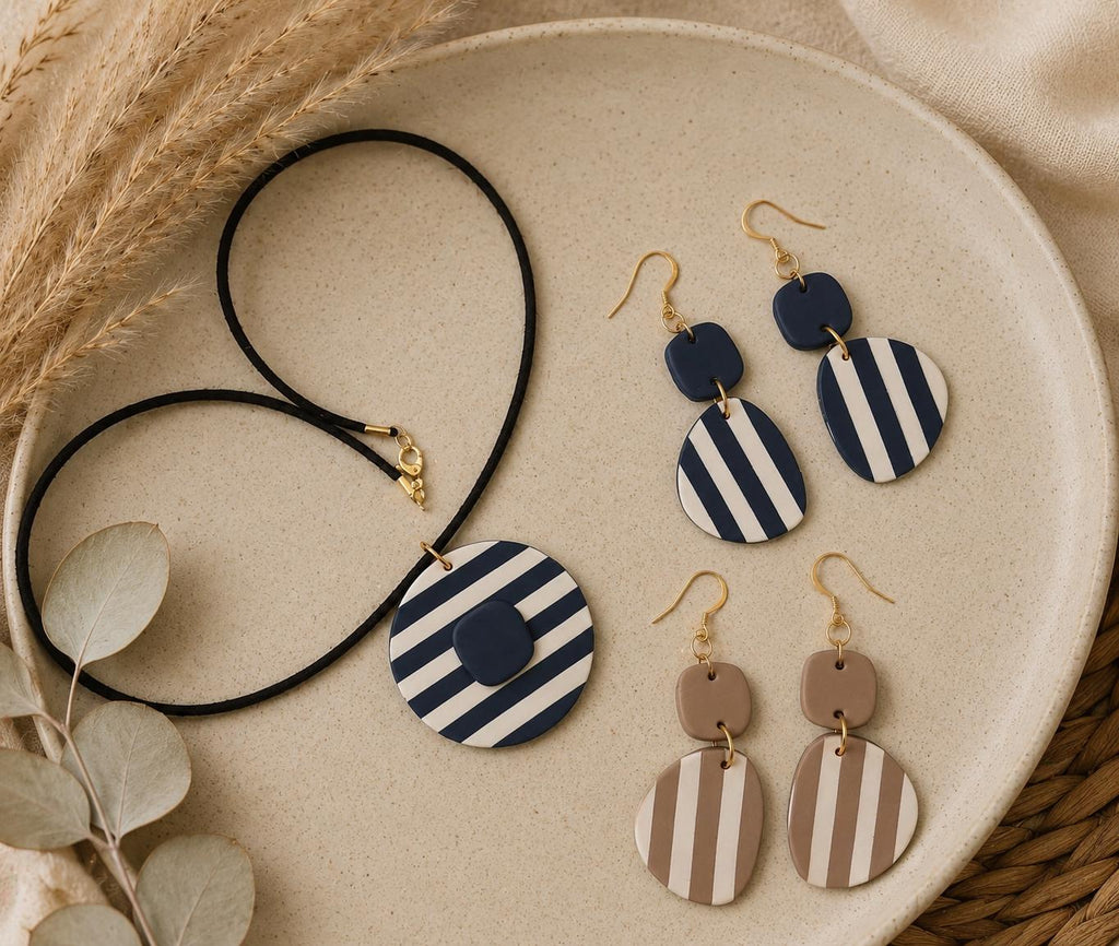 Navy White Striped Polymer Clay Earrings | 18K Gold Plated Dangle Earrings