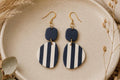 Navy White Striped Polymer Clay Earrings | 18K Gold Plated Dangle Earrings