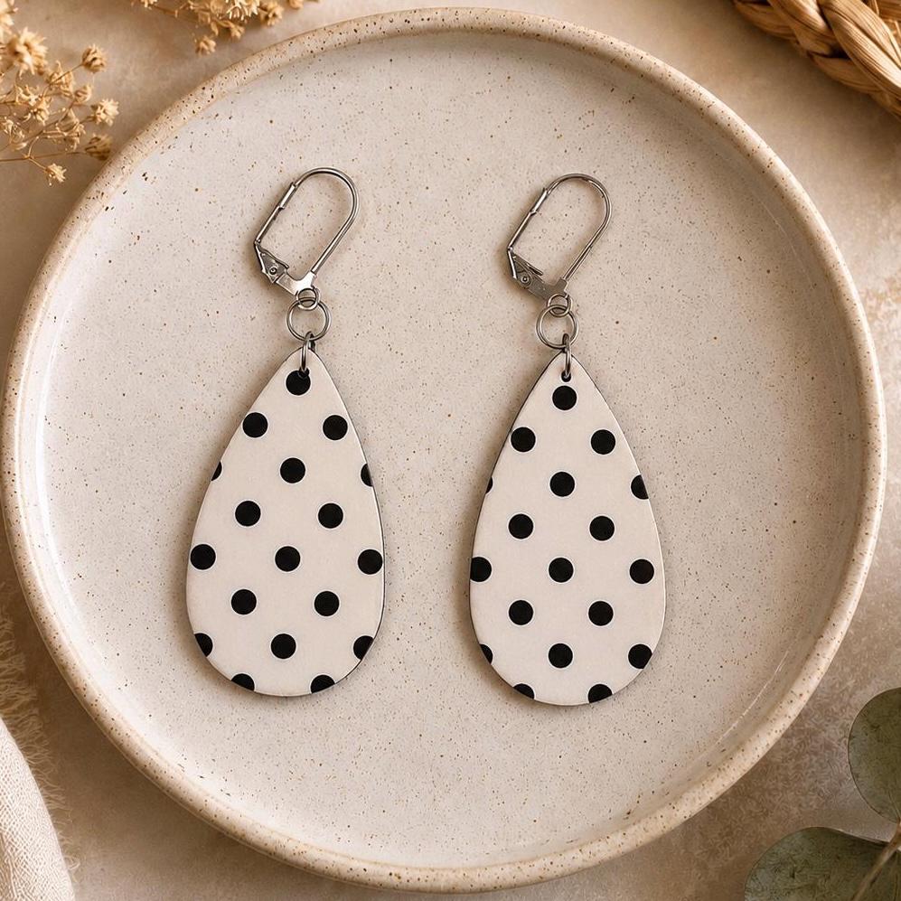 Handmade Black White Polka Dot Teardrop Earrings, Lightweight Polymer Clay Dangle Jewelry