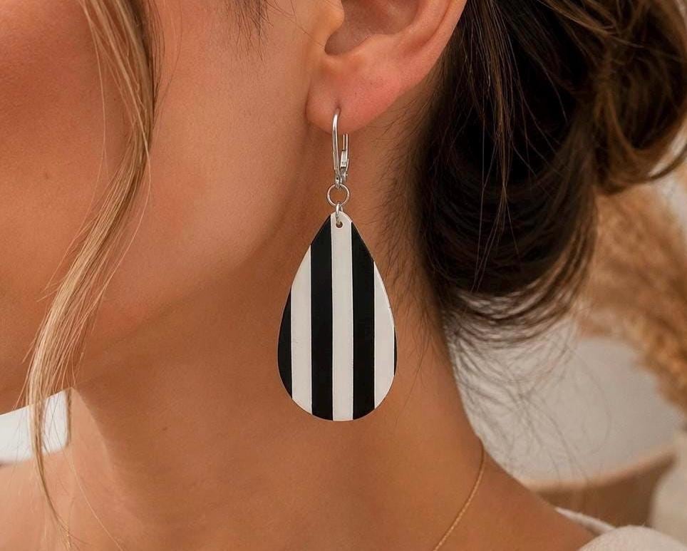 Black White Striped Teardrop Earrings | Handmade Polymer Clay Dangle Jewelry