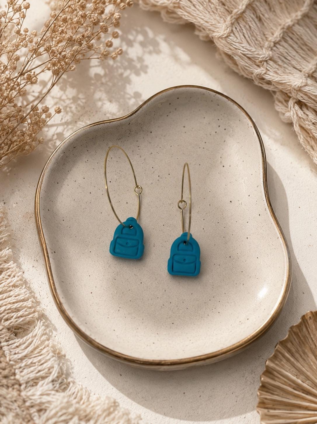 Mini Backpack Earrings | Polymer Clay School Jewelry, Gold Hoops