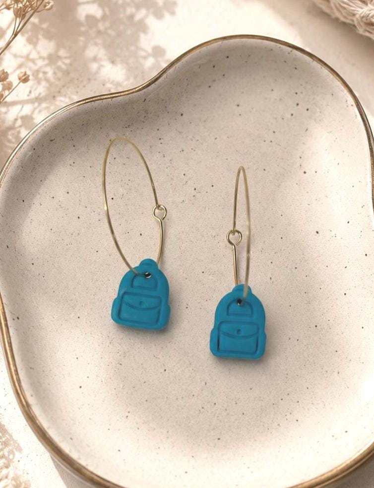Mini Backpack Earrings | Polymer Clay School Jewelry, Gold Hoops