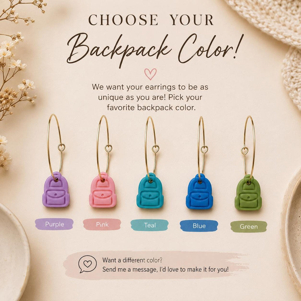 Mini Backpack Earrings | Polymer Clay School Jewelry, Gold Hoops
