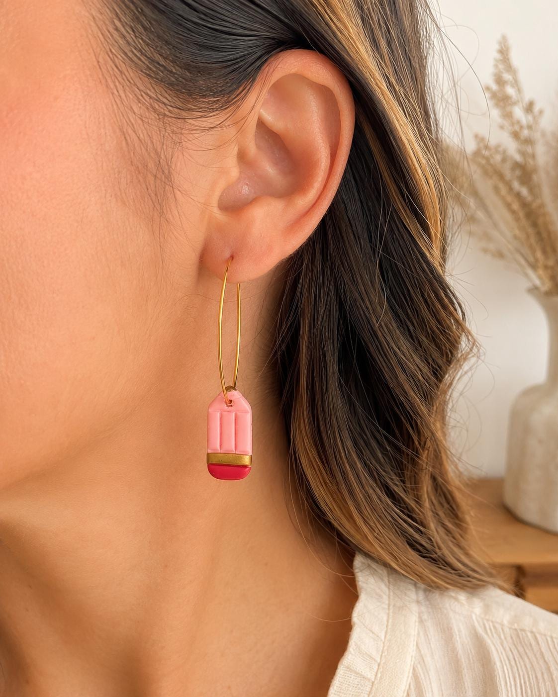 Handmade Pink Pencil Hoop Earrings | Polymer Clay Teacher Gift