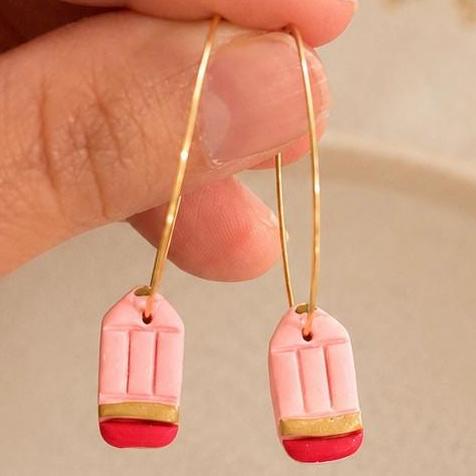 Handmade Pink Pencil Hoop Earrings | Polymer Clay Teacher Gift