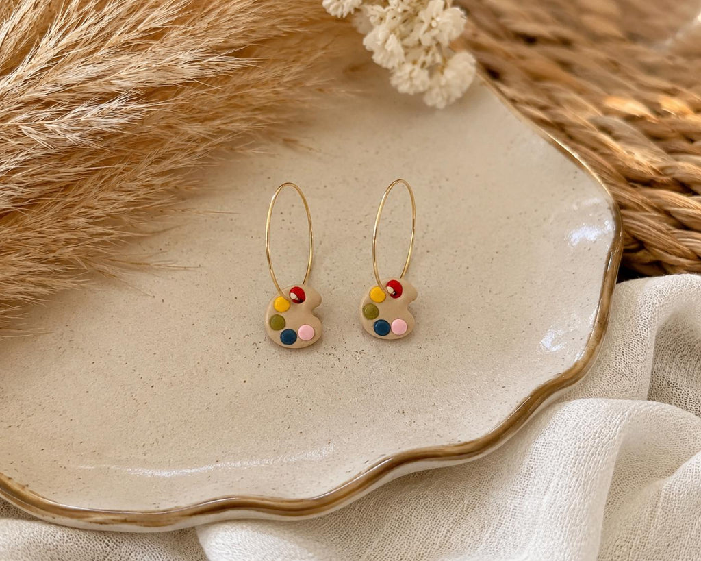 Paint Palette Hoop Earrings, Handmade Polymer Clay Artist Jewelry