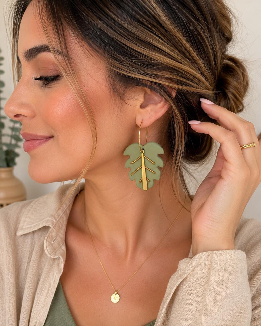 Handmade Sage Green Monstera Leaf Earrings, Gold Hoop Botanical Jewelry