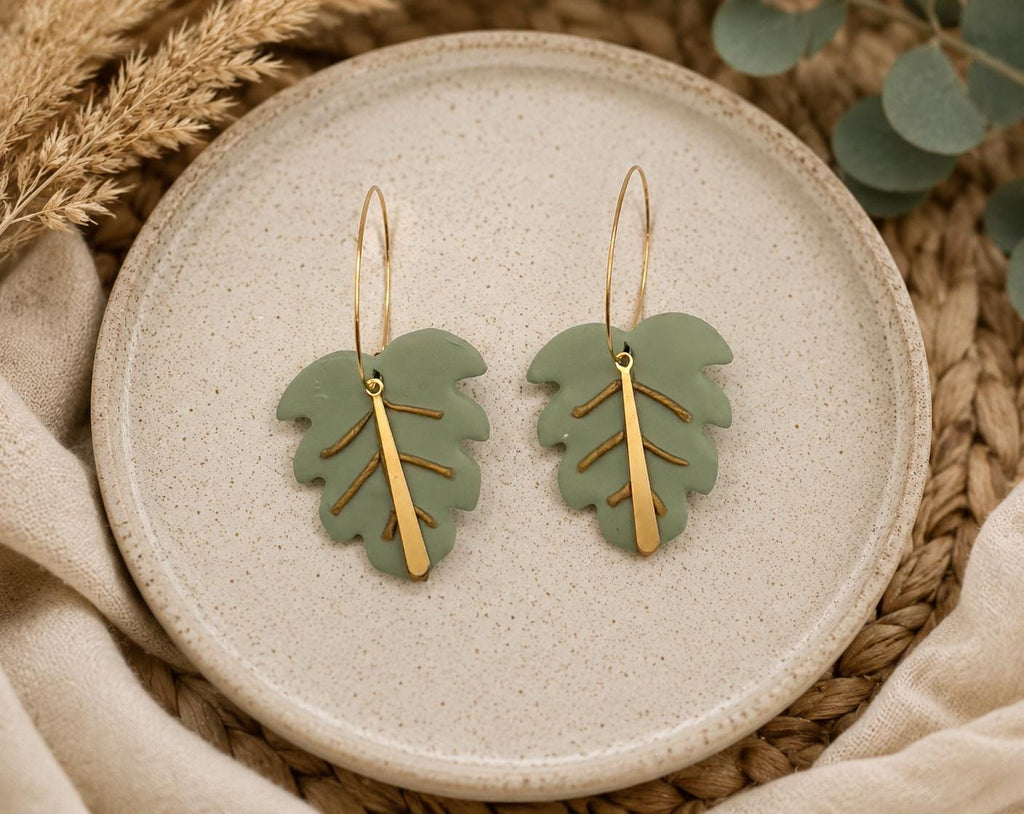 Handmade Sage Green Monstera Leaf Earrings, Gold Hoop Botanical Jewelry