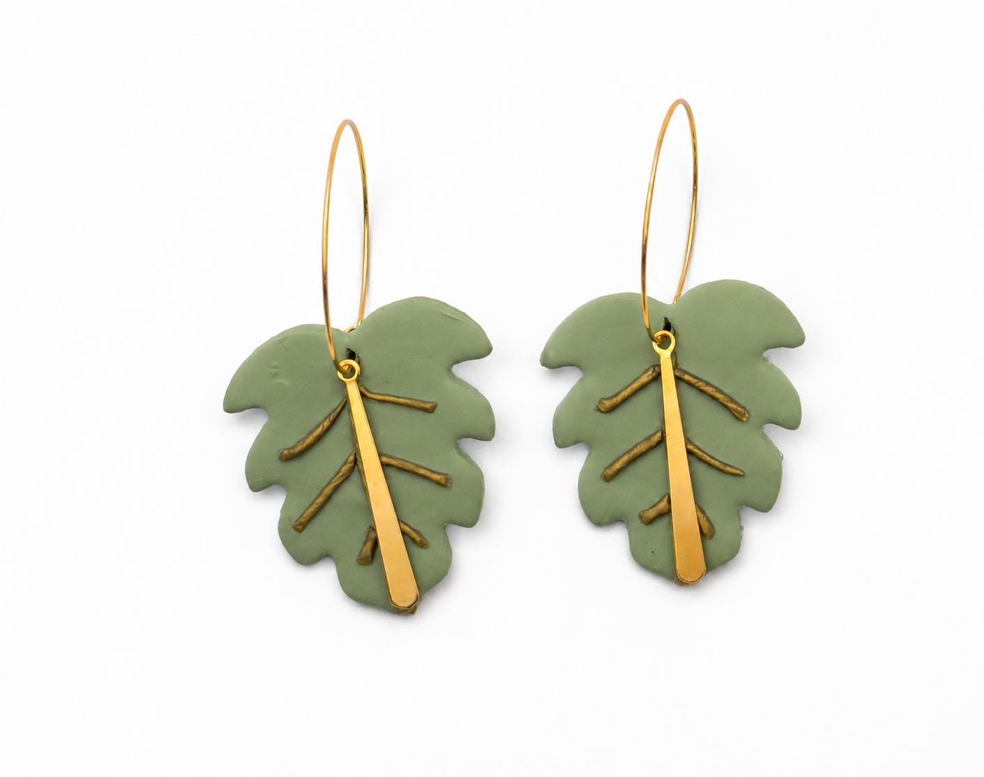 Handmade Sage Green Monstera Leaf Earrings, Gold Hoop Botanical Jewelry