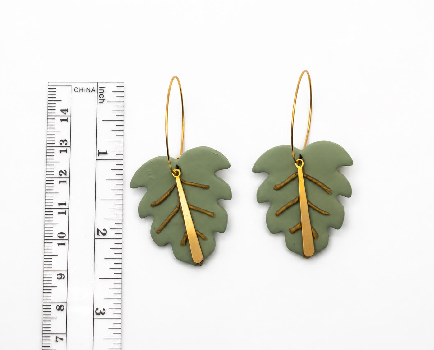 Handmade Sage Green Monstera Leaf Earrings, Gold Hoop Botanical Jewelry