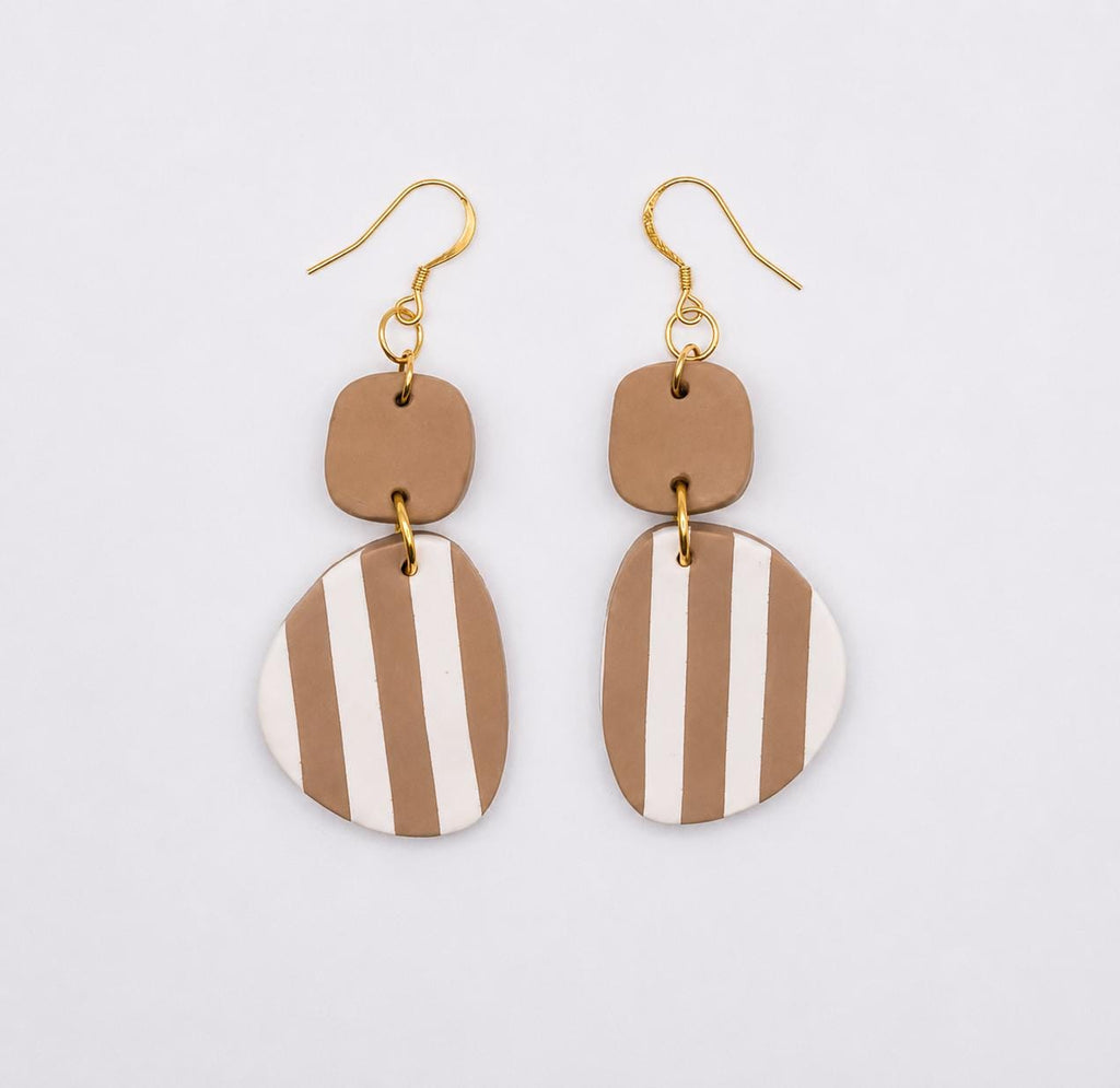 Neutral Striped Polymer Clay Earrings, 18K Gold Plated Stainless Steel, Lightweight Boho Statement