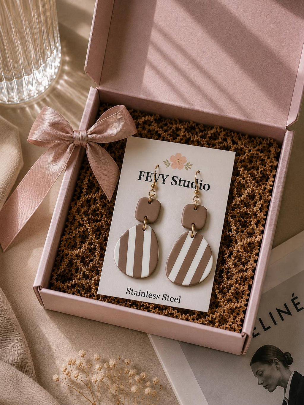 Neutral Striped Polymer Clay Earrings, 18K Gold Plated Stainless Steel, Lightweight Boho Statement