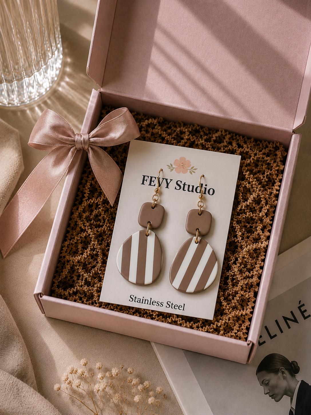 Neutral Striped Polymer Clay Earrings, 18K Gold Plated Stainless Steel, Lightweight Boho Statement