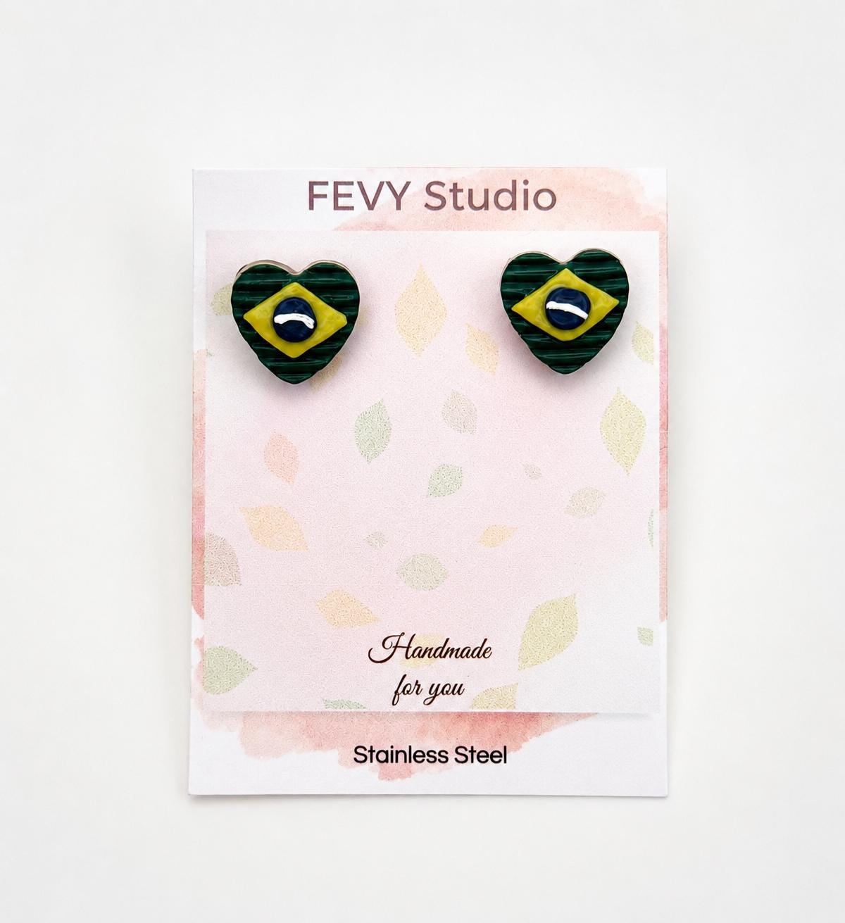 Brazil Flag Heart Stud Earrings | Handmade Polymer Clay | Soccer Fan Gift