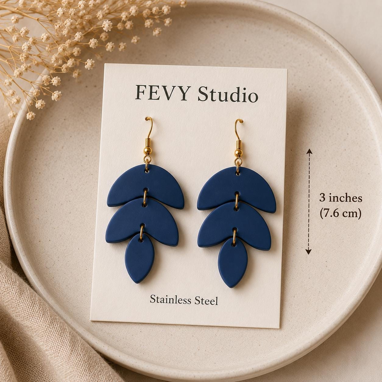 Navy Blue Polymer Clay Earrings, Handmade Statement Dangle Earrings, Lightweight Boho Jewelry, Gold Stainless Steel Hooks, Gift for Her
