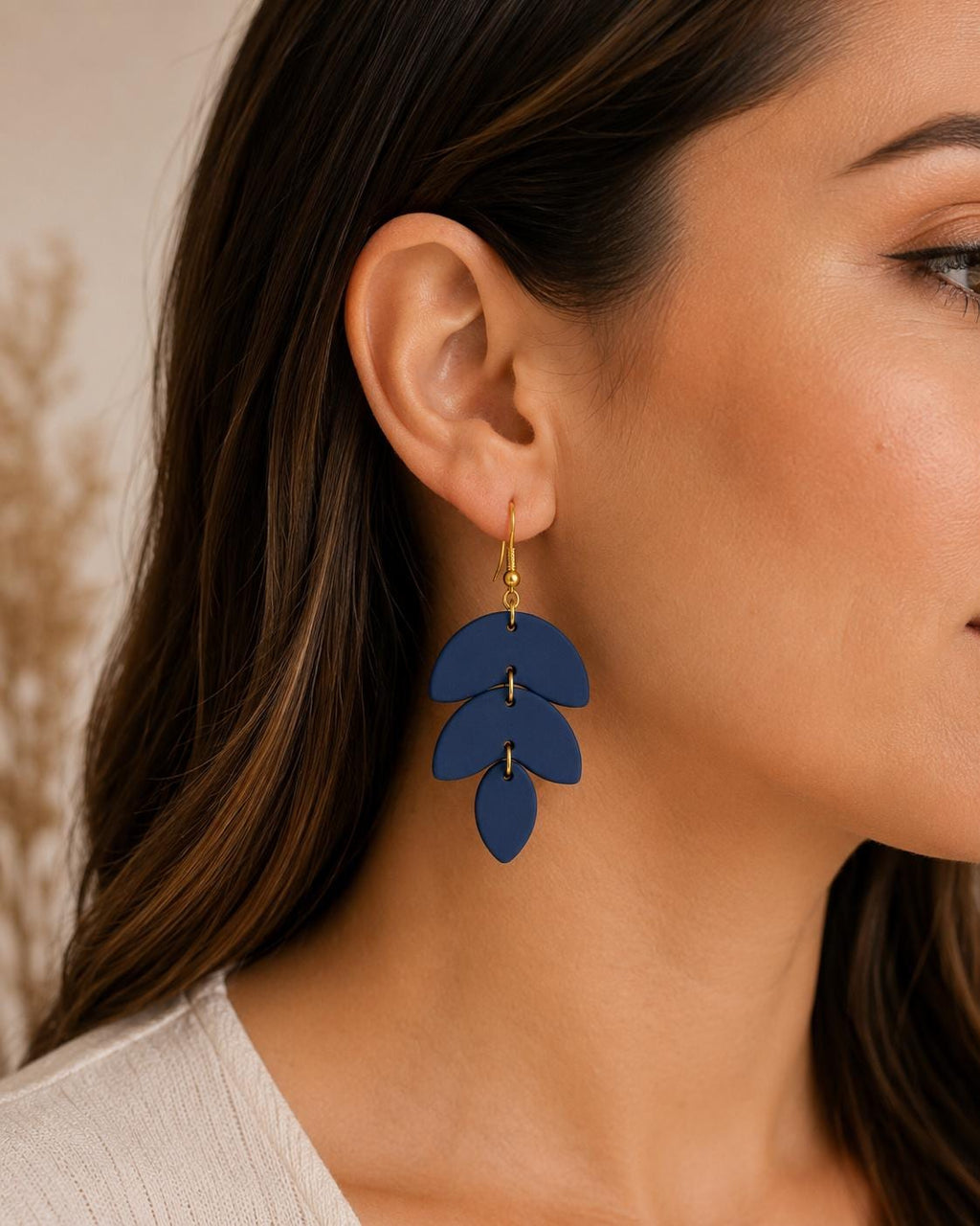 Navy Blue Polymer Clay Earrings, Handmade Statement Dangle Earrings, Lightweight Boho Jewelry, Gold Stainless Steel Hooks, Gift for Her