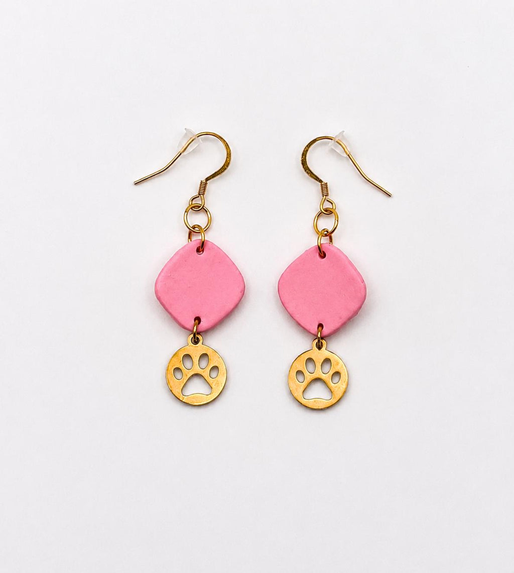 Handmade Pink Geometric Paw Print Earrings, Polymer Clay Dangle Jewelry