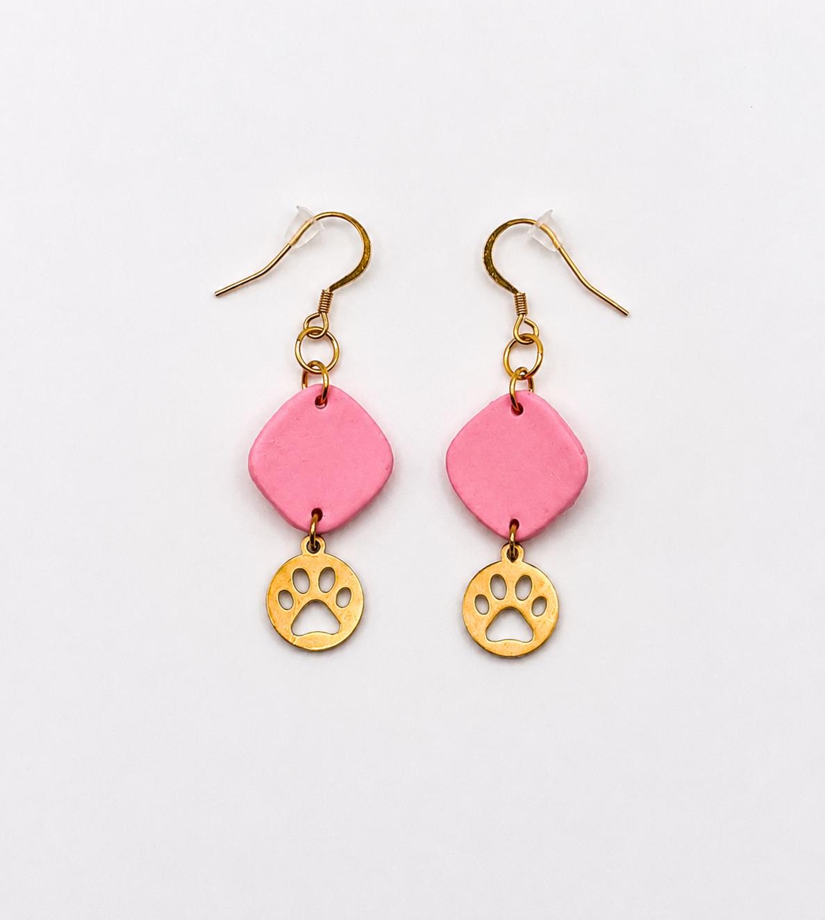 Handmade Pink Geometric Paw Print Earrings, Polymer Clay Dangle Jewelry