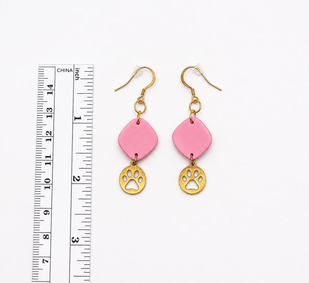 Handmade Pink Geometric Paw Print Earrings, Polymer Clay Dangle Jewelry