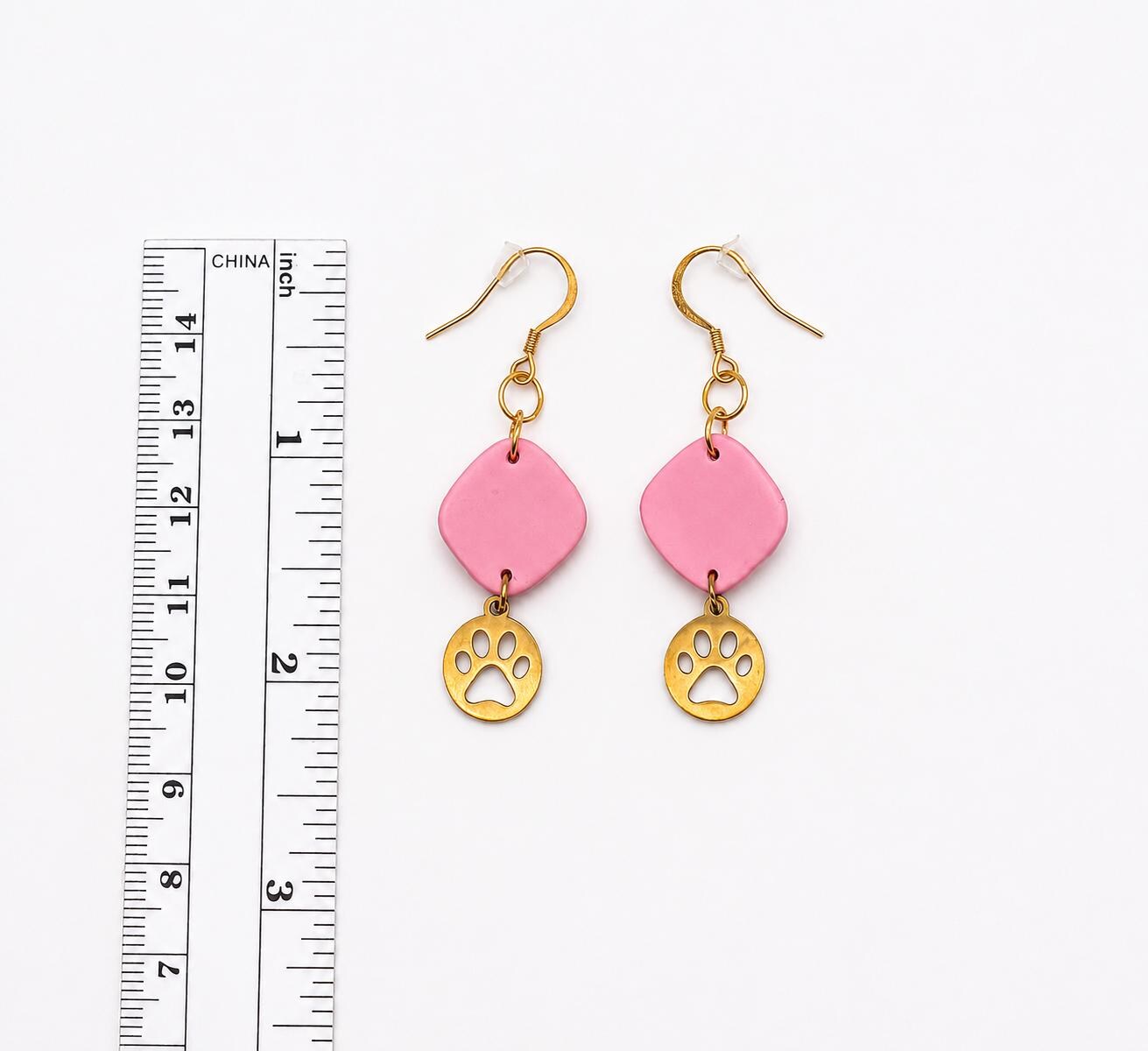 Handmade Pink Geometric Paw Print Earrings, Polymer Clay Dangle Jewelry