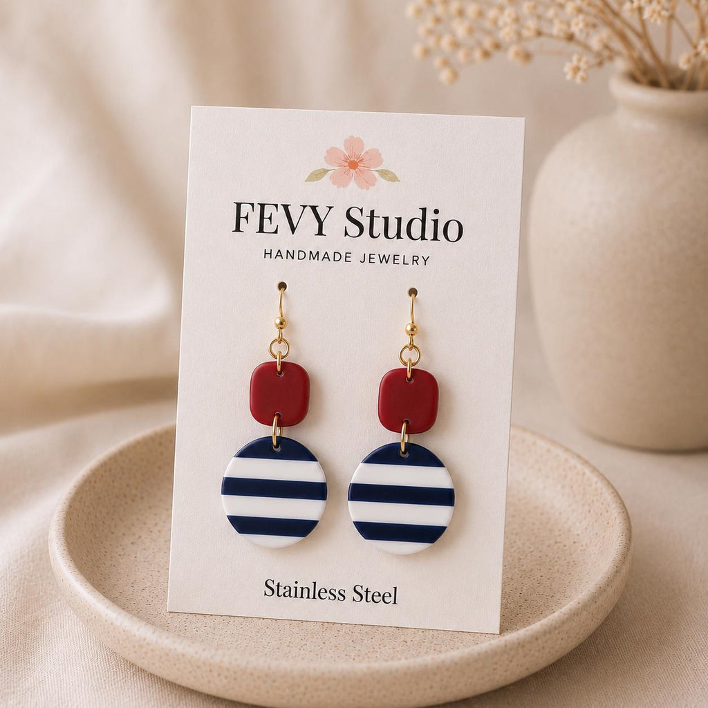 Nautical Striped Polymer Clay Dangle Earrings, Red White Blue Beach Jewelry