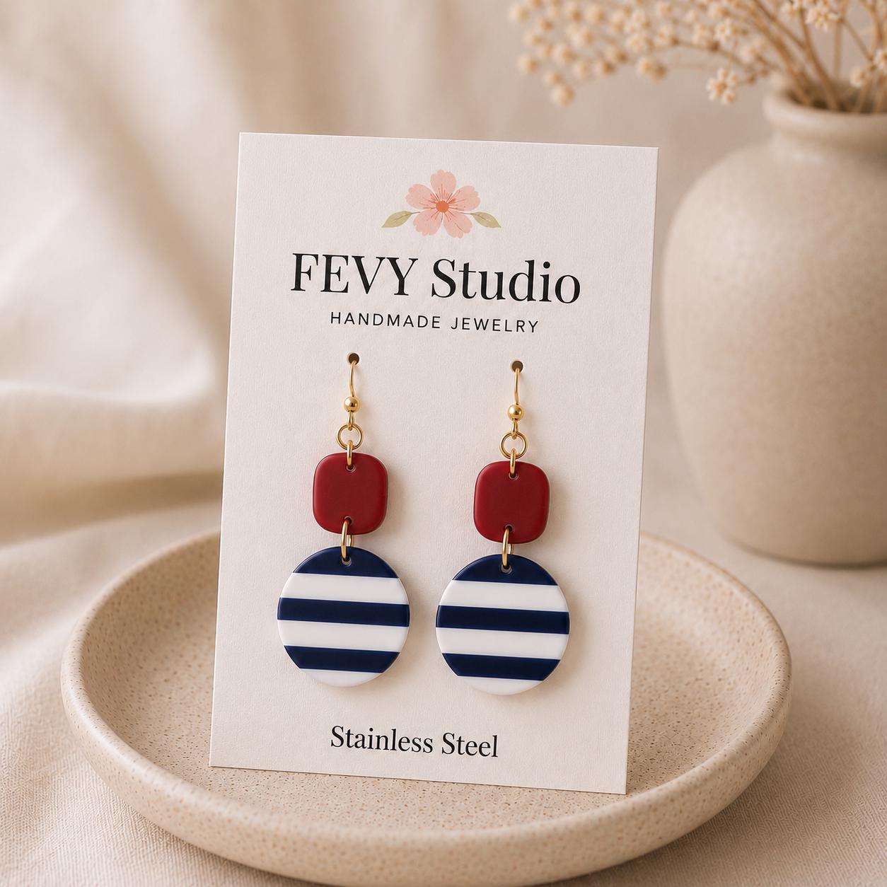 Nautical Striped Polymer Clay Dangle Earrings, Red White Blue Beach Jewelry