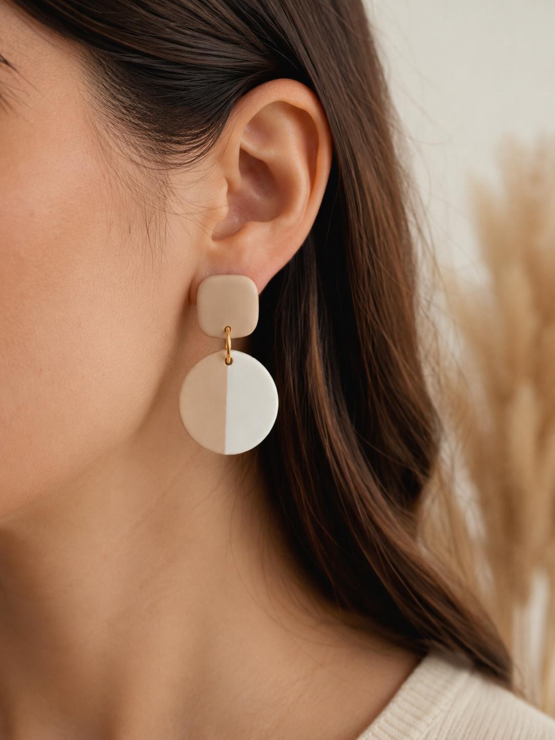 Beige White Color-Block Polymer Clay Dangle Earrings | Minimalist Gold Accent Jewelry