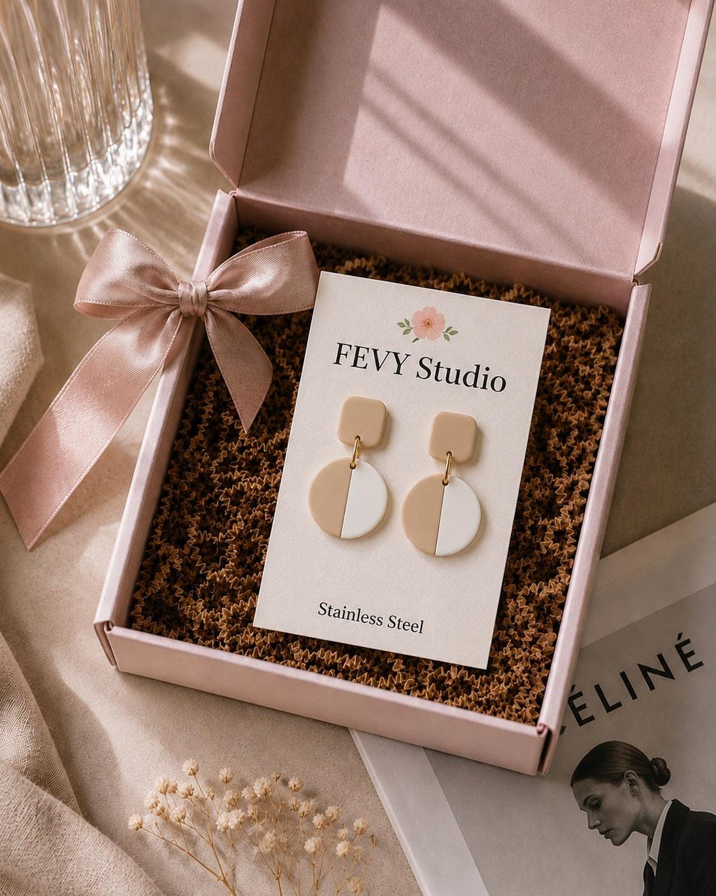 Beige White Color-Block Polymer Clay Dangle Earrings | Minimalist Gold Accent Jewelry