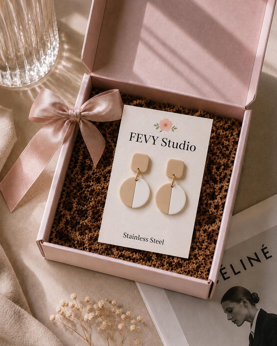 Beige White Color-Block Polymer Clay Dangle Earrings | Minimalist Gold Accent Jewelry
