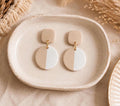 Beige White Color-Block Polymer Clay Dangle Earrings | Minimalist Gold Accent Jewelry