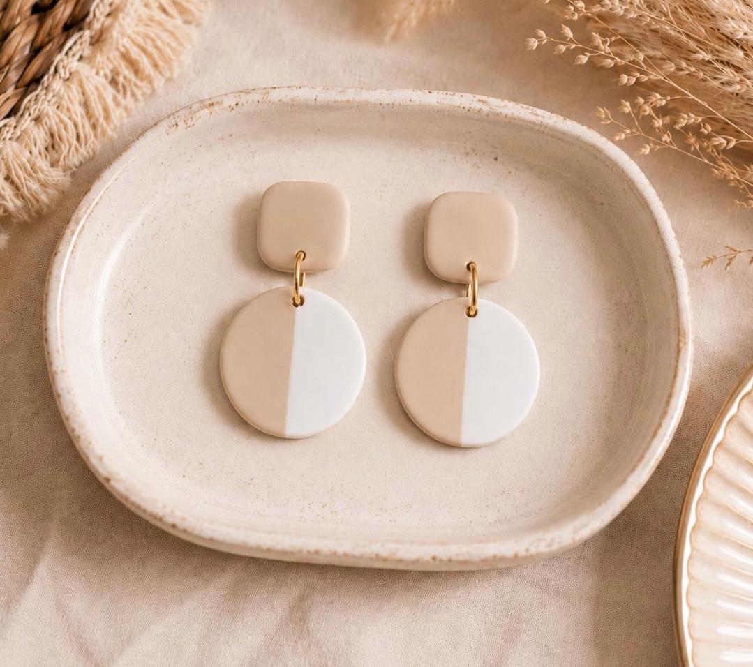 Beige White Color-Block Polymer Clay Dangle Earrings | Minimalist Gold Accent Jewelry
