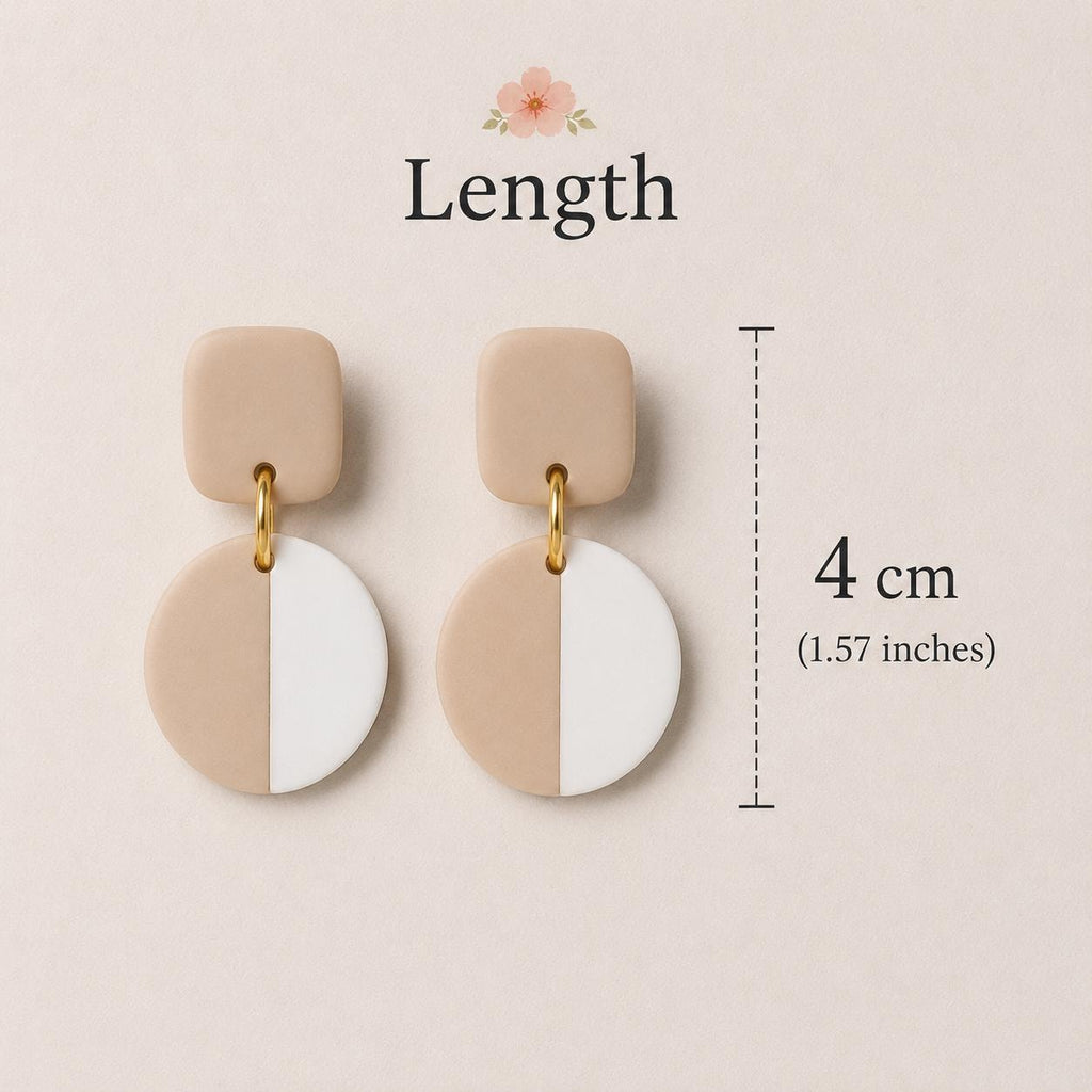 Beige White Color-Block Polymer Clay Dangle Earrings | Minimalist Gold Accent Jewelry