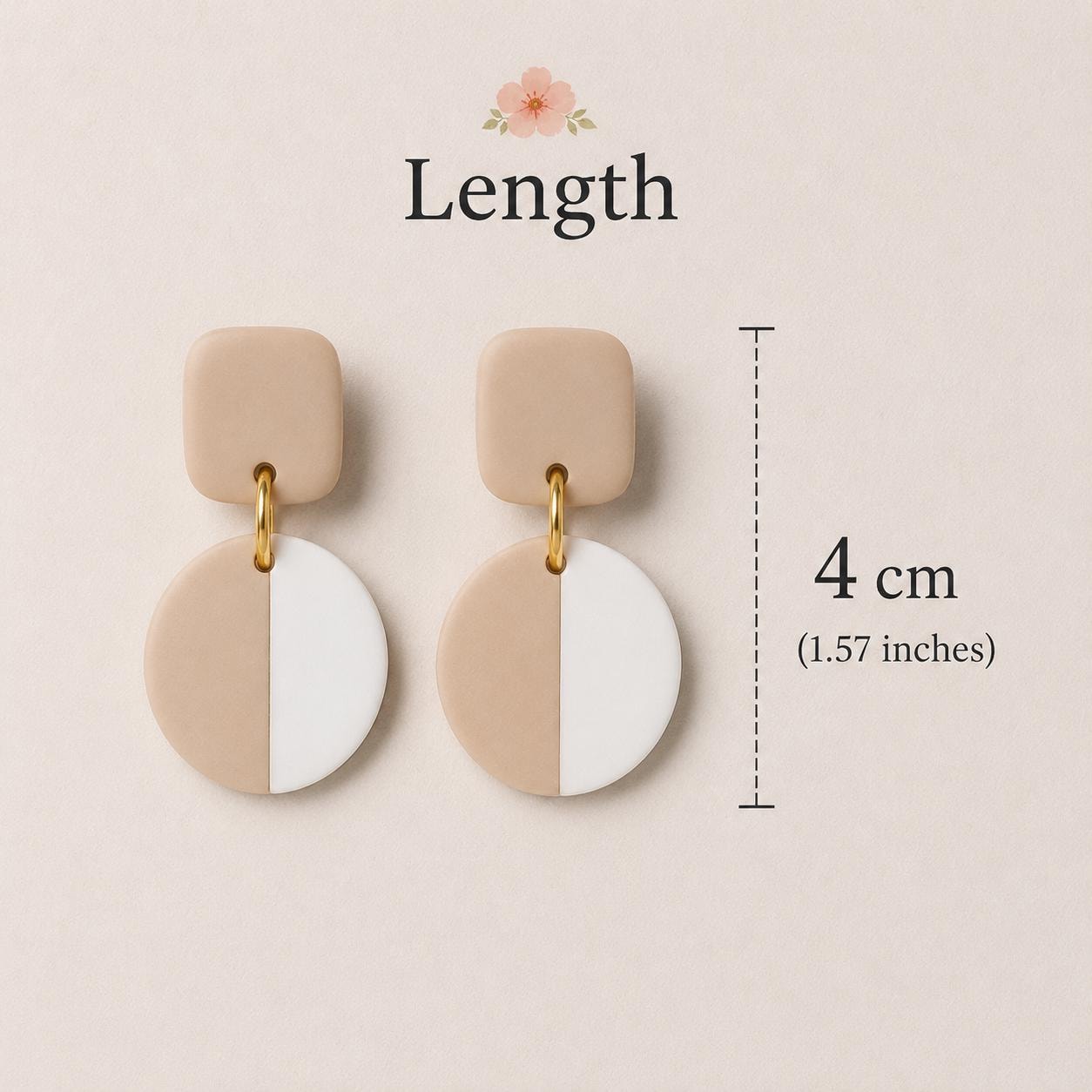 Beige White Color-Block Polymer Clay Dangle Earrings | Minimalist Gold Accent Jewelry