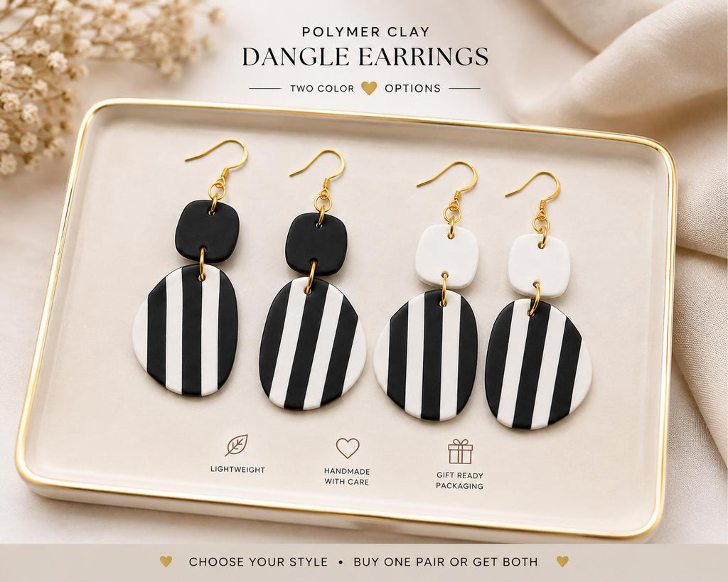 Black White Striped Polymer Clay Dangle Earrings | Modern Minimalist Style