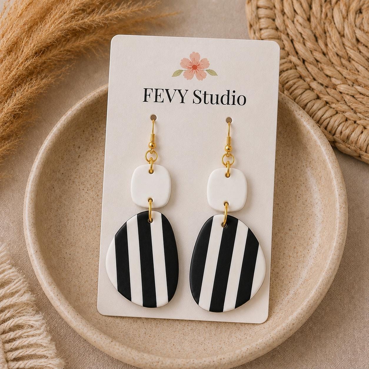 Geometric Striped Polymer Clay Earrings | Modern Minimalist Dangles (White or Black Top)