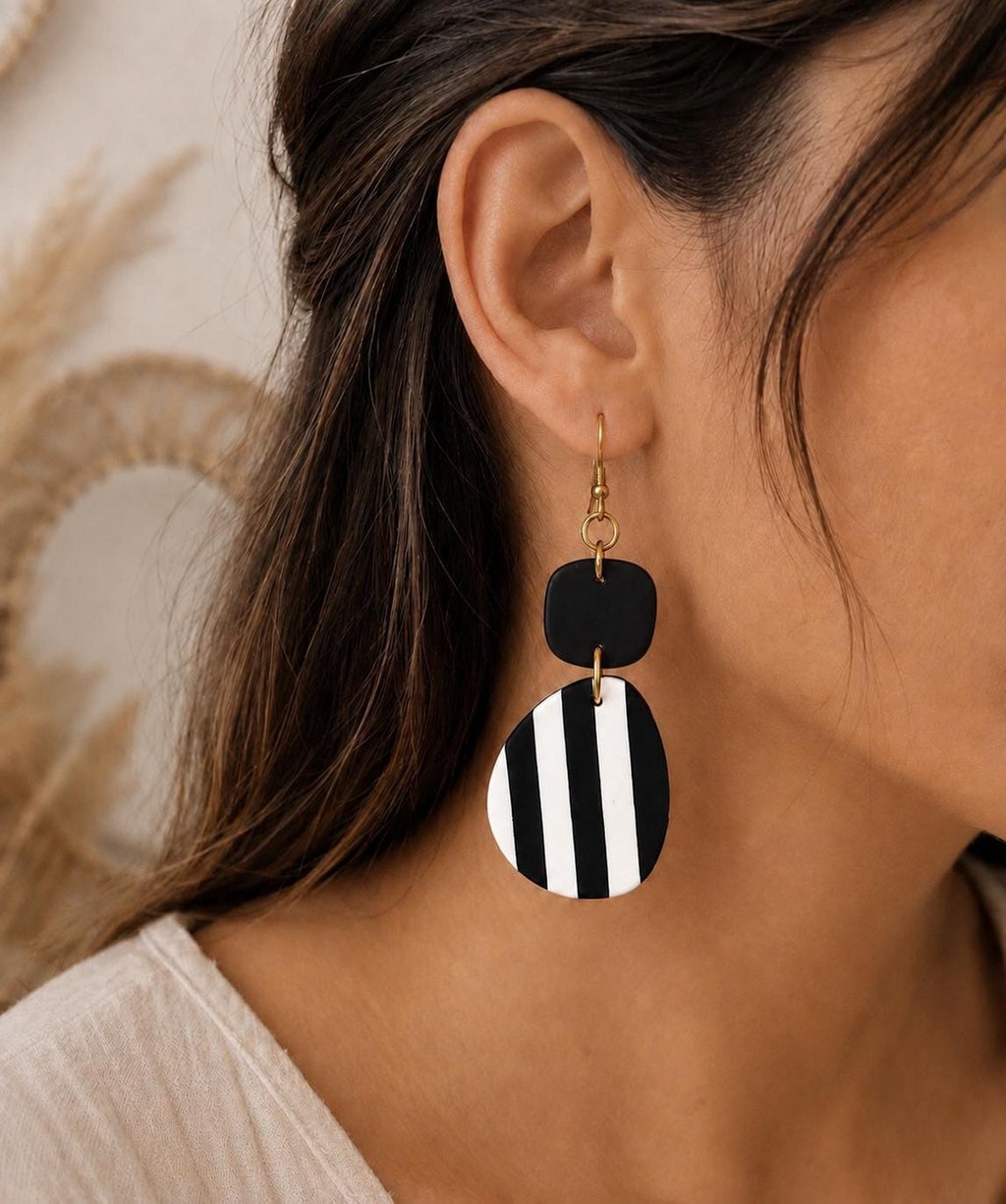 Geometric Striped Polymer Clay Earrings | Modern Minimalist Dangles (White or Black Top)