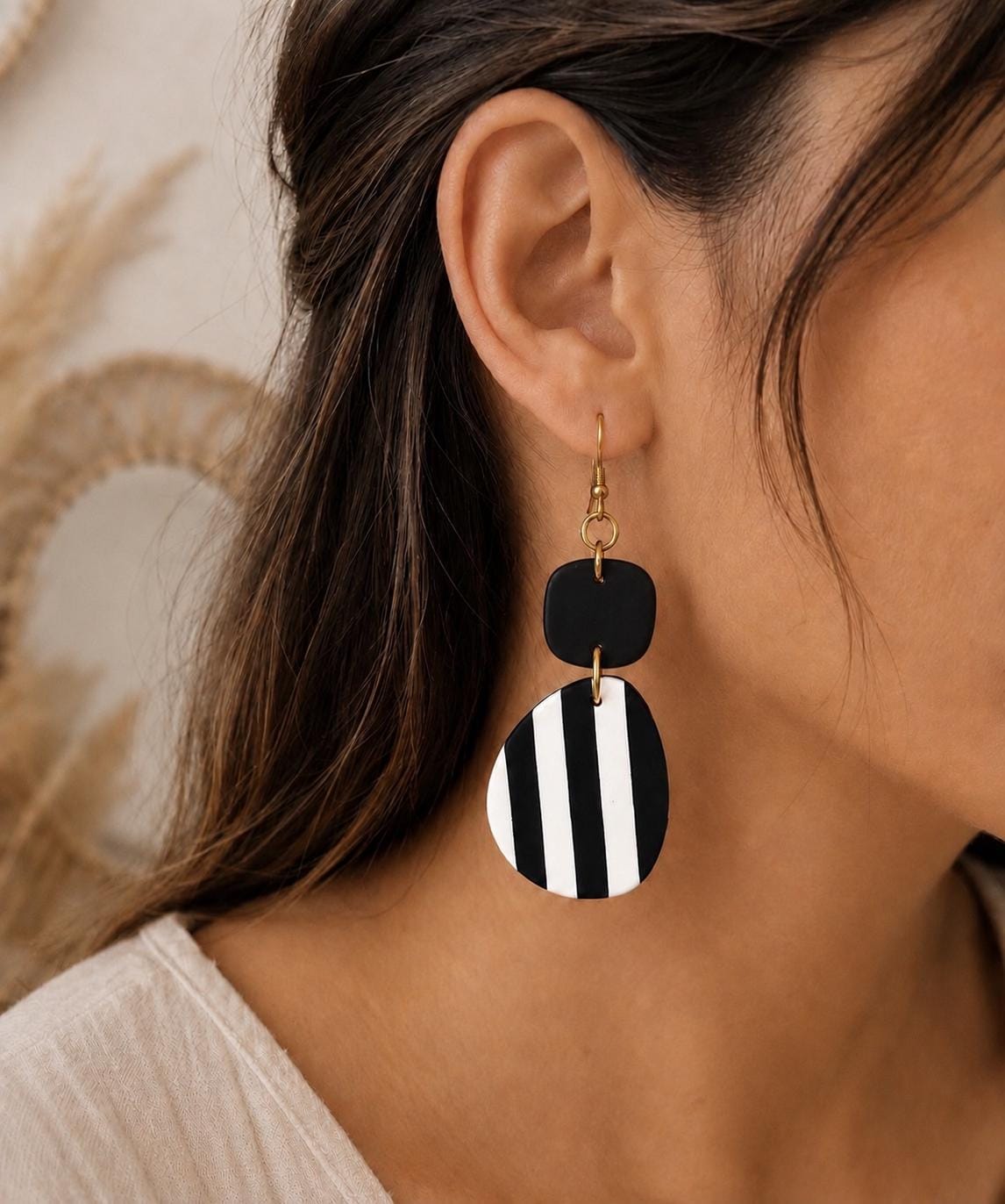 Geometric Striped Polymer Clay Earrings | Modern Minimalist Dangles (White or Black Top)