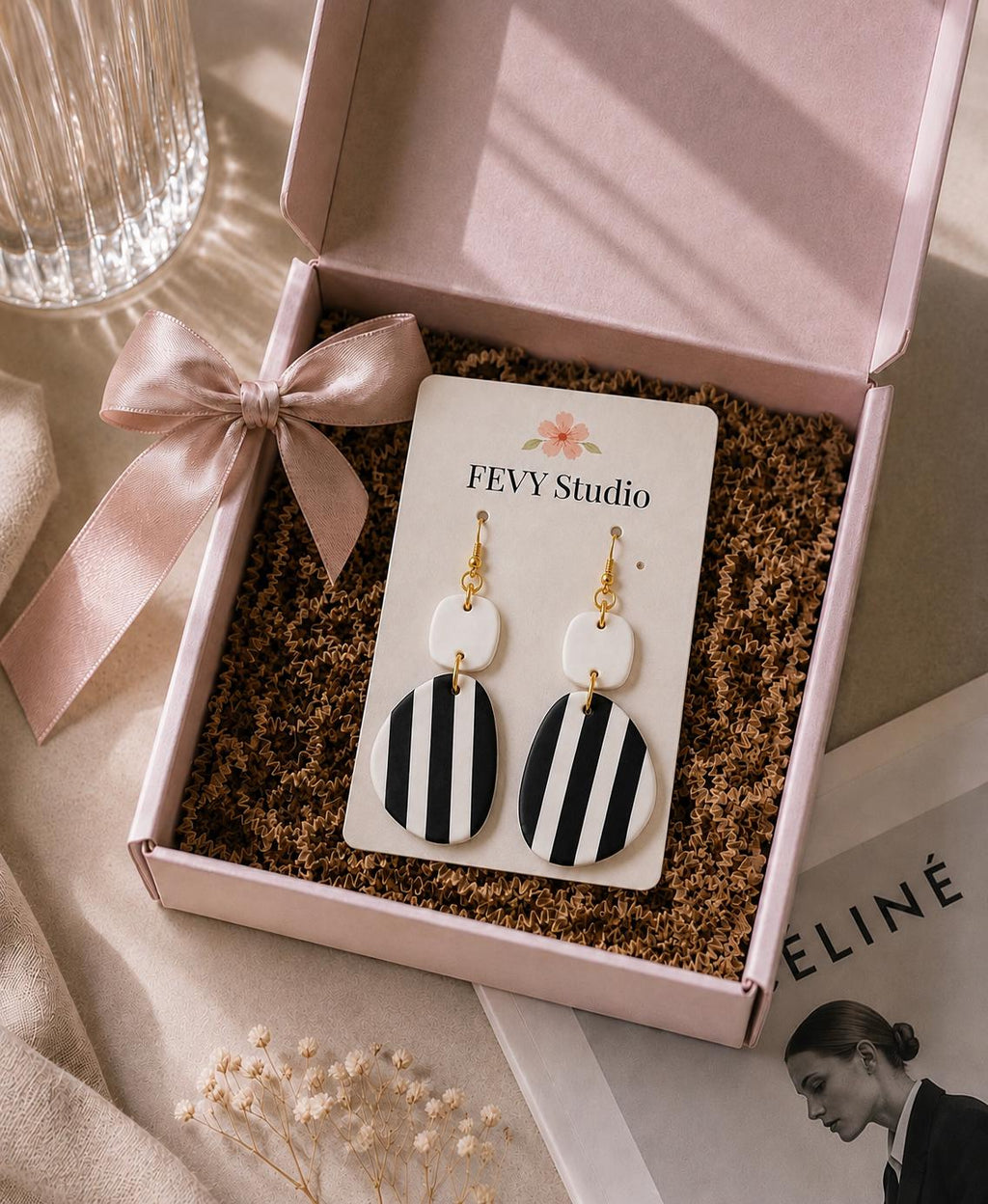 Geometric Striped Polymer Clay Earrings | Modern Minimalist Dangles (White or Black Top)