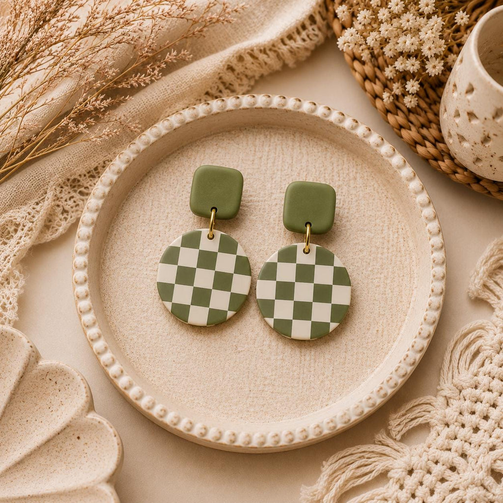 Sage Green Checkerboard Polymer Clay Dangle Earrings | Retro Boho Lightweight Jewelry