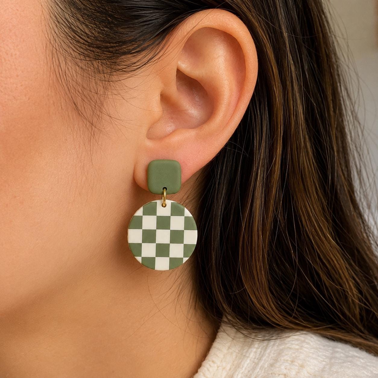 Sage Green Checkerboard Polymer Clay Dangle Earrings | Retro Boho Lightweight Jewelry